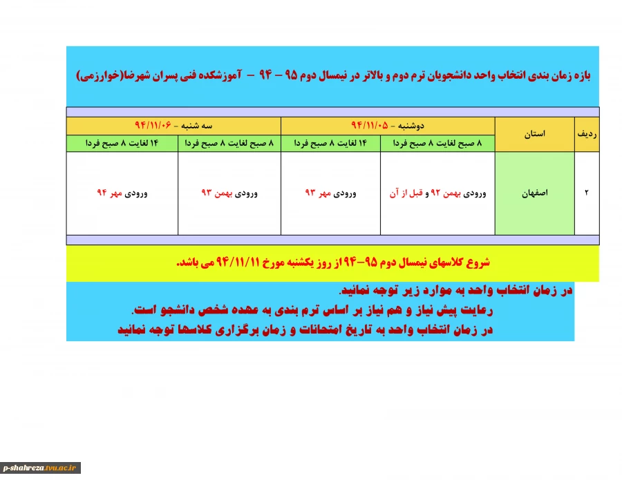بازه زمان بنذی انتخاب واحذ دانشجویان ترم دوم و بالاتر در نیمسال دوم  - 94 - 95 2