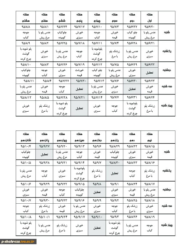 برنامه غذایی نیمسال مهر 95 2