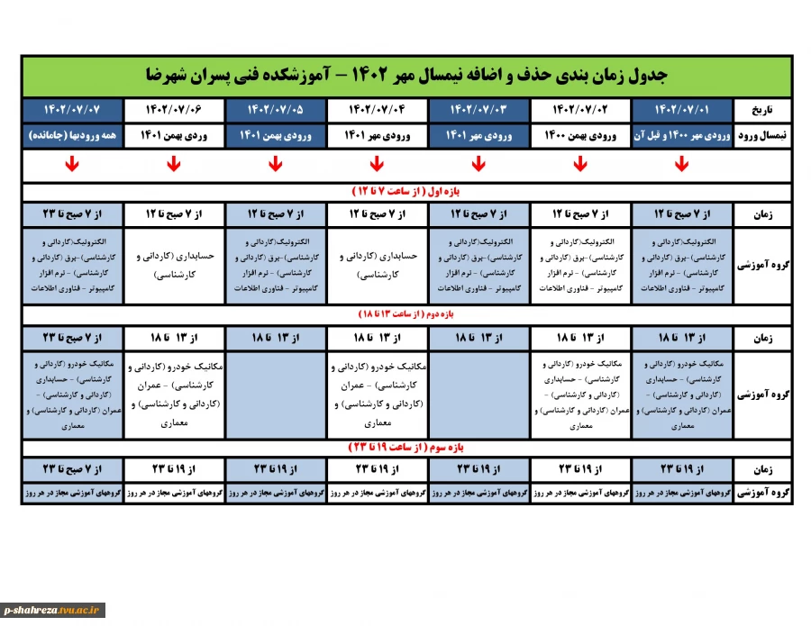 جدول زمان بندی حذف و اضافه